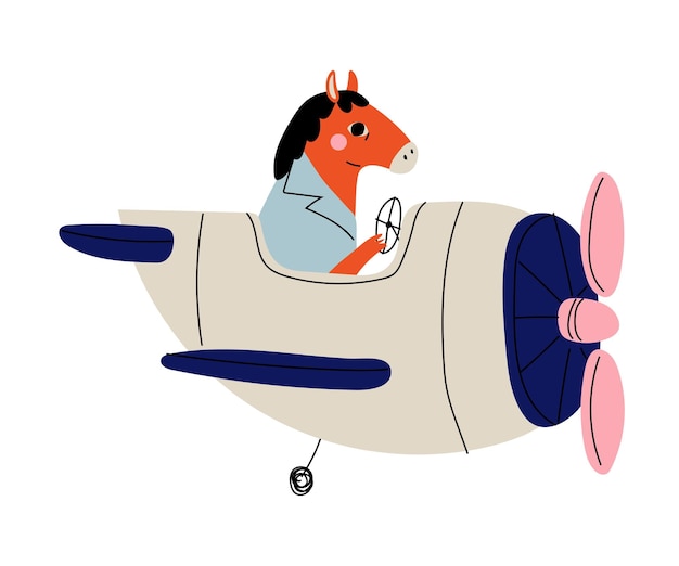 空にレトロ飛行機で飛ぶ馬パイロット 可愛い動物キャラクター飛行機パイロットベクトルイラスト
