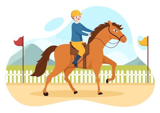 Vettore illustrazione del fumetto della corsa di cavalli con le persone che fanno i campionati sportivi della concorrenza nell'ippodromo