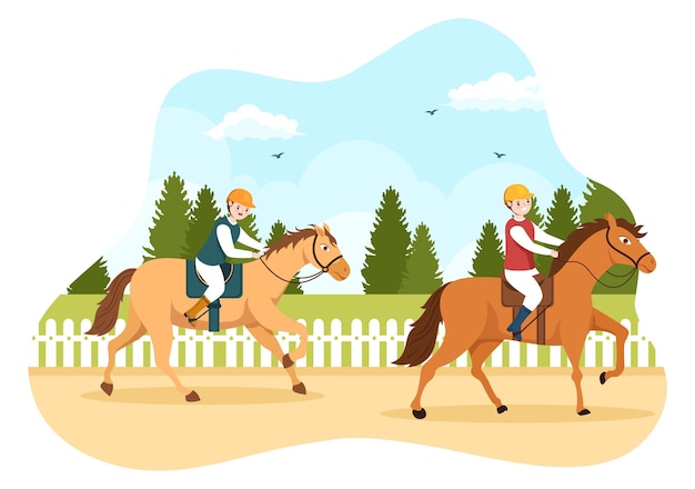 Vector horse race cartoon illustration with people doing competition sports championships in racecourse