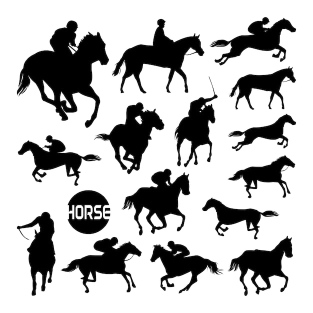 Horse racehorse racing running silhouette set