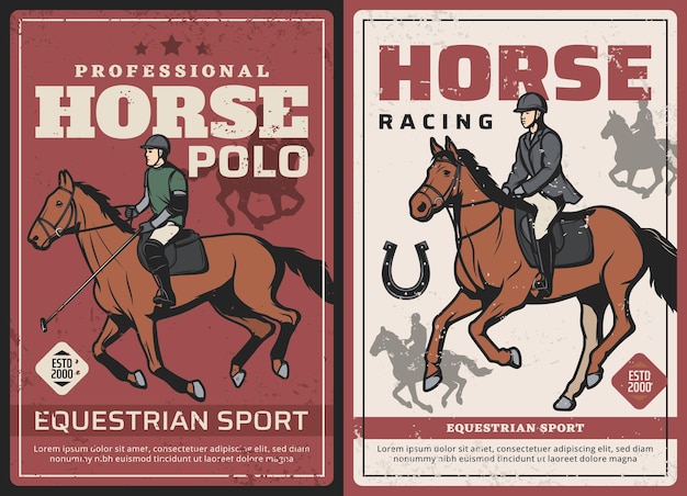 Vector horse racing and polo sport retro posters