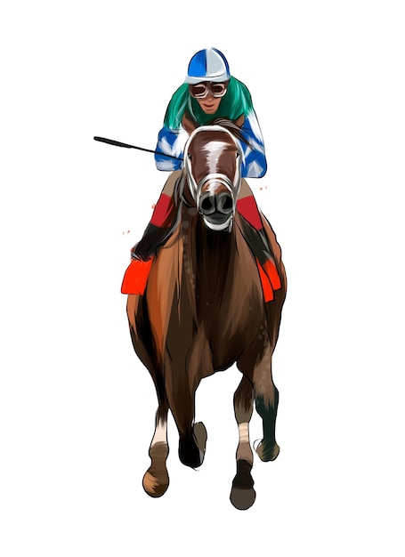Corse di cavalli con un fantino da schizzi di acquerelli colorati disegno realistico equitazione