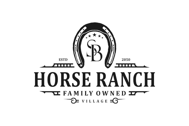 Vector horse ranch horseshoe logo design rustic vintage badge farm retro