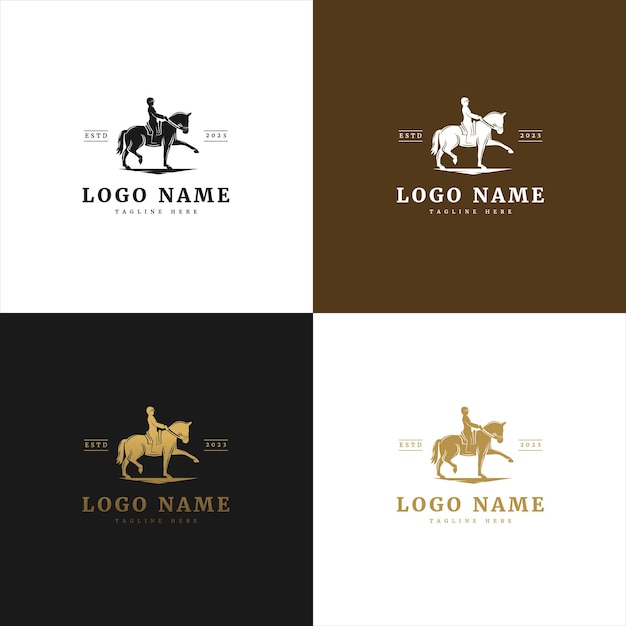 Logo horse rider walking casual elegante con colore oro brillante per il marchio