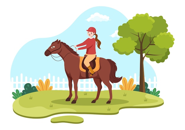 Vettore illustrazione del fumetto di equitazione con persone carine che praticano un giro a cavallo nel campo verde