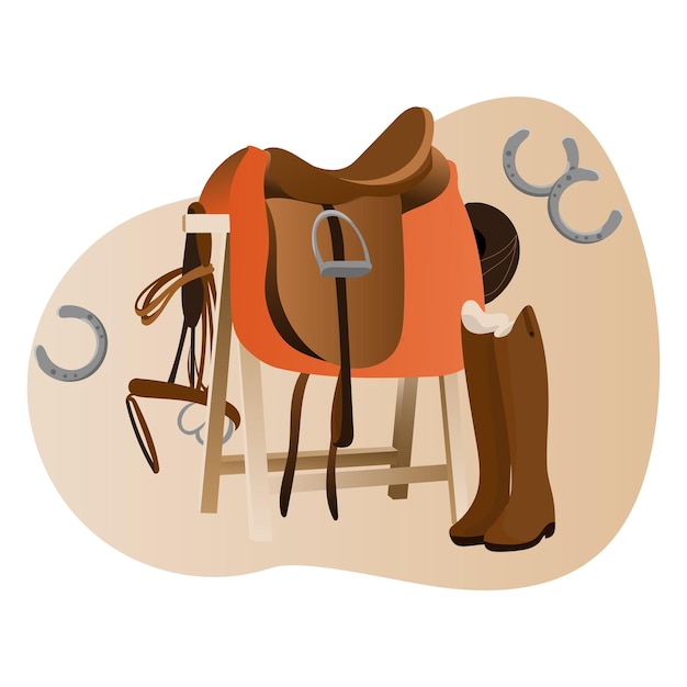 Horse riding equipment. Saddle, saddle pad, leather boots, horseshoes,  helmet, reins. Flat vector.