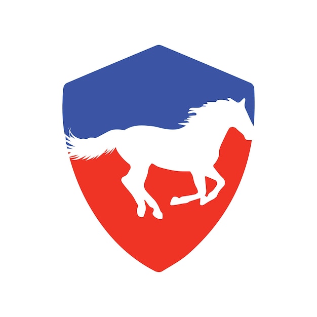 Horse running icon vector illustration inside a shape of shield blue and red color