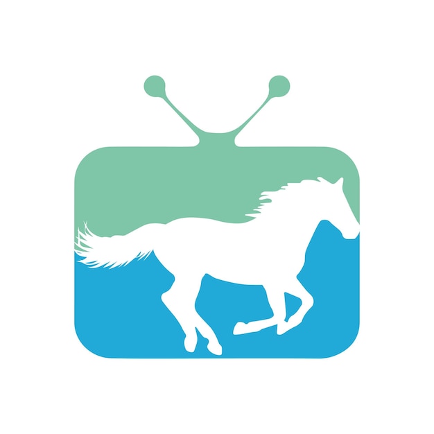 Векторная иллюстрация бега лошади внутри формы зеленого и синего цвета телевизора