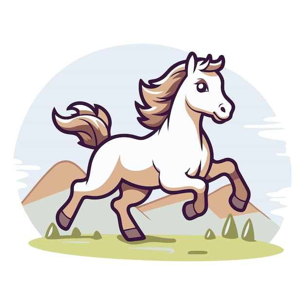 Horse running on the meadow in cartoon style