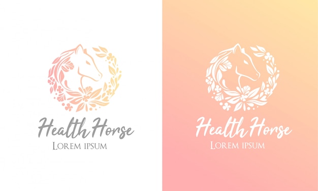 Horse silhouette logo. Round emblem. Graceful sign, horse head and flowers