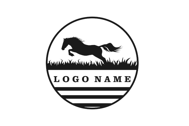 Horse silhouette behind wooden fence paddock for countryside western country farm ranch logo design