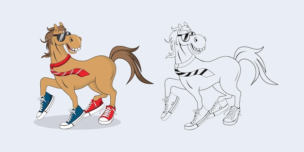 Vettore cavallo sorridente che indossa occhiali da sole e scarpe illustrazione di personaggi dei cartoni animati