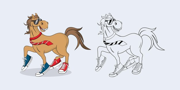 Vettore cavallo sorridente che indossa occhiali da sole e scarpe illustrazione di personaggi dei cartoni animati