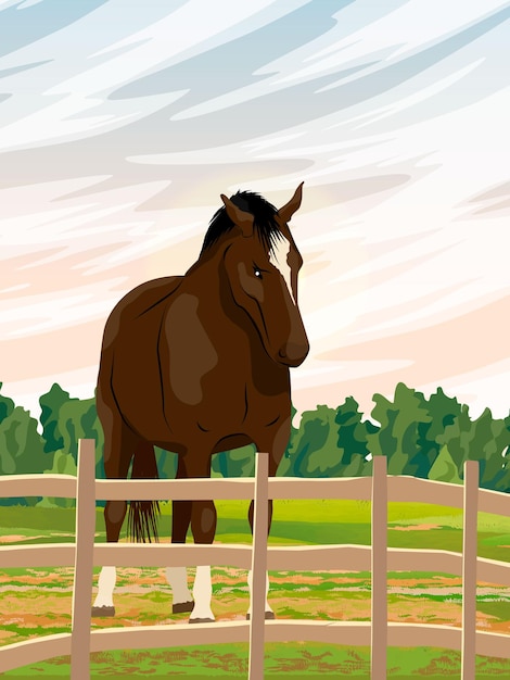 Vector the horse stands in the field red foal equus ferus caballus wild and farm horses