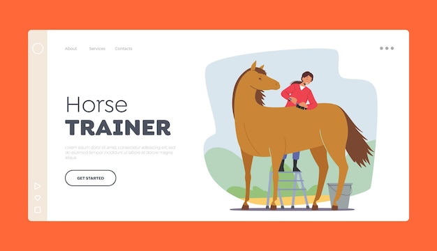 Vector horse trainer landing page template stableman woman character care of purebred horse cleaning hair and skin