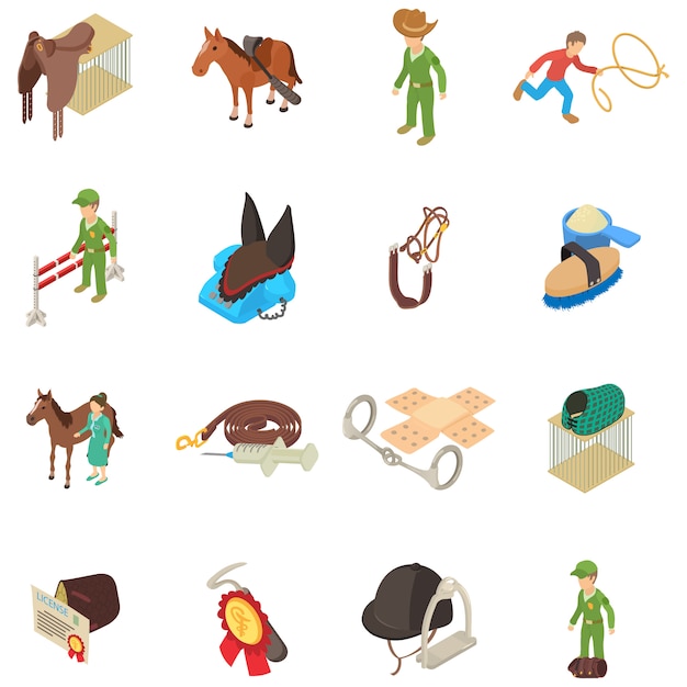 Horse treatment icons set, isometric style