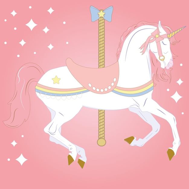 Вектор Лошадь-единорог для карусели белый единорог с розовой гривой на розовом фоне