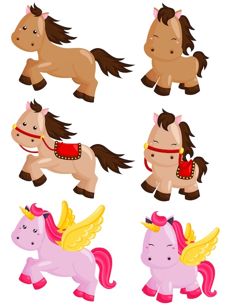 Vector horse and unicorn vector set