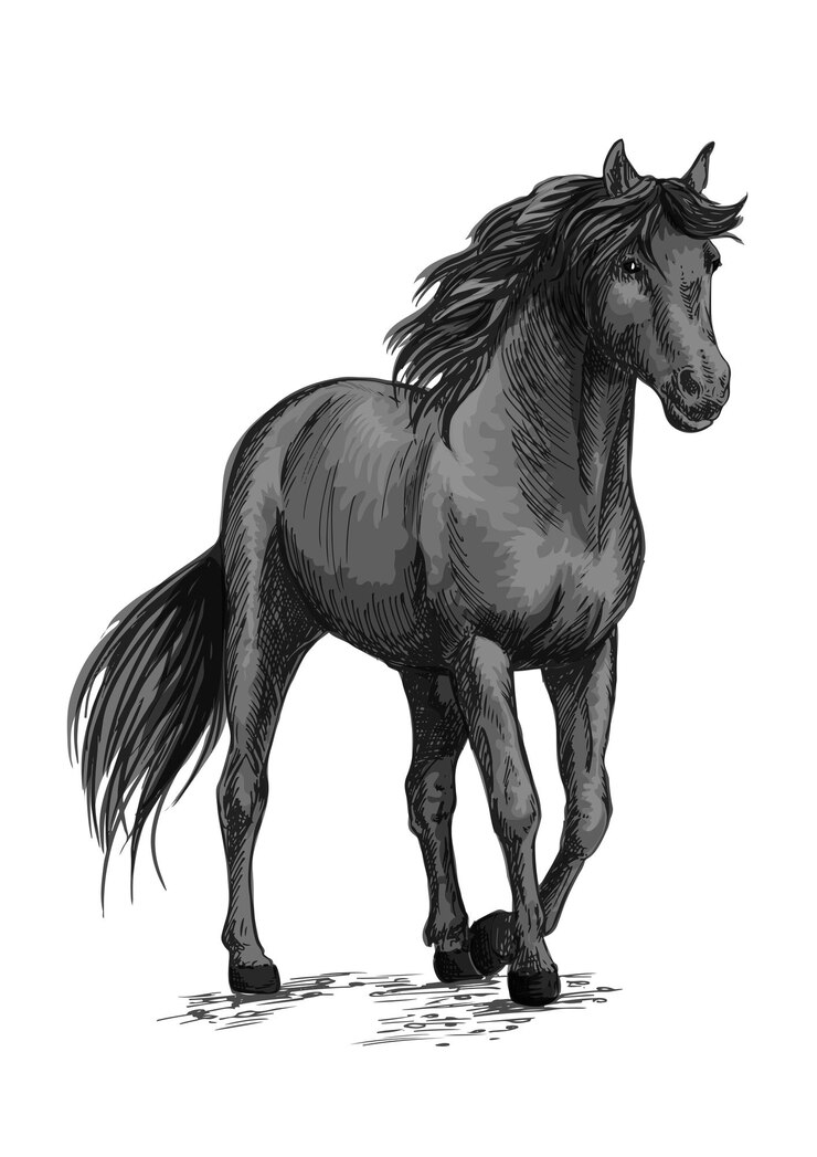 Vector horse walking in slow gait sketch portrait