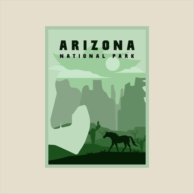 馬野生生物ポスター二重露光イラスト テンプレート グラフィック デザイン アリゾナ国立公園ミニマリスト ビンテージ コンセプト自然で