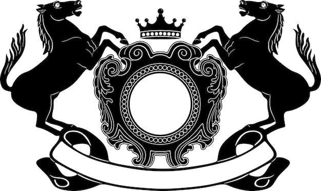 Vector horse with crown and baroque black design frame handmade silhouette