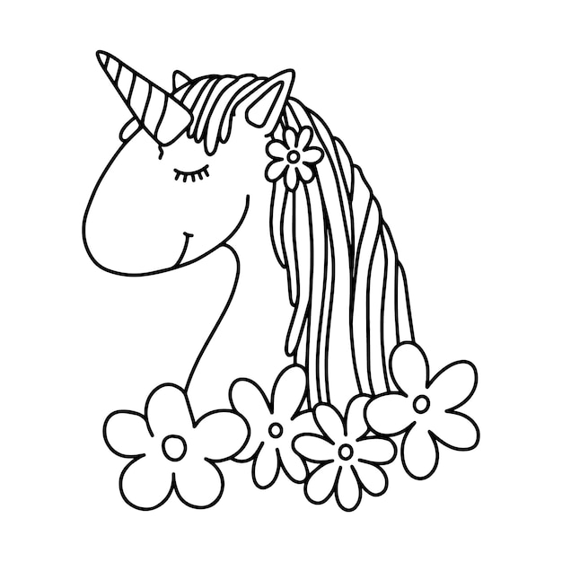 Cavallo con corno unicorno animale mistico con criniera e fiori doodle lineare cartone animato