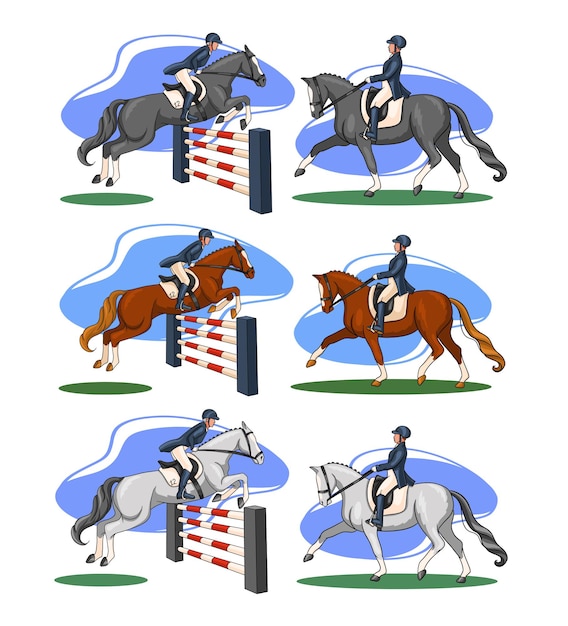 Horseback riding. Dressage and show jumping. Set. A woman riding a horse performs a dressage element and jumps over an obstacle. Vector illustration for books, logo design, postcards.