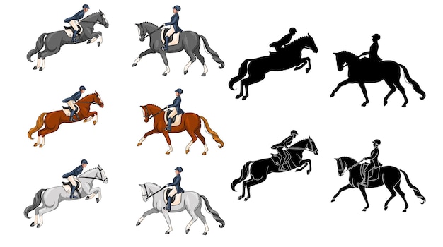 Horseback riding. Dressage and show jumping. Set. A woman riding a horse performs a dressage element and jumps over an obstacle. Vector illustration for books, logo design, postcards.