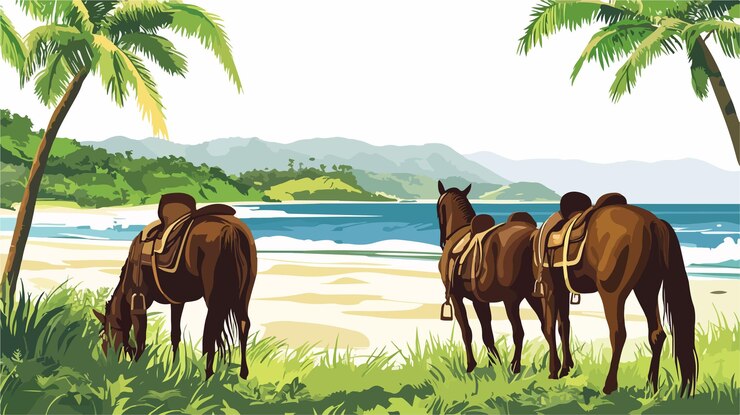 Vector 背後有棕樹的海灘上的馬