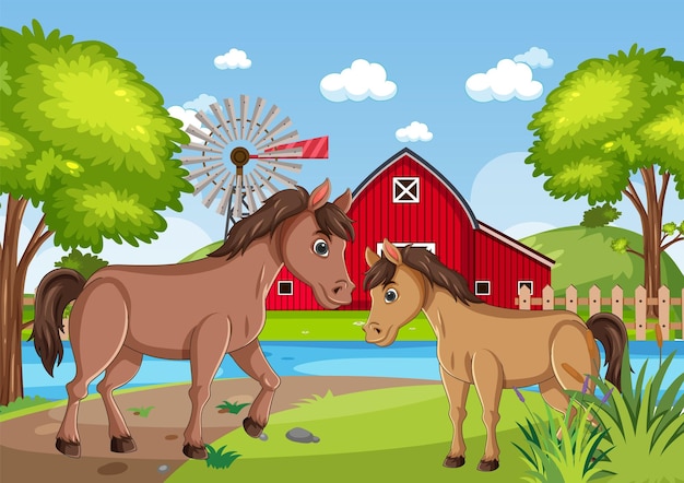 horses on farm with red barn