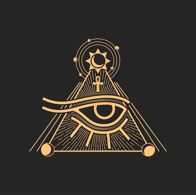 호루스의 눈과 이집트 피라미드 십자가와 태양 표시