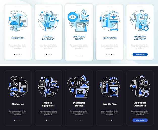 Hospice care services night and day mode onboarding mobile app screen Walkthrough 5 steps graphic instructions pages with linear concepts UI UX GUI template Myriad ProBold Regular fonts used