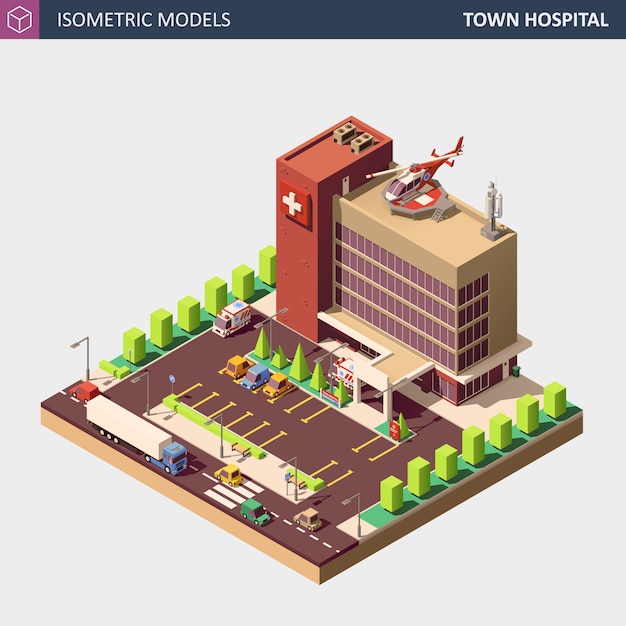 Hospital or Ambulance Building. Isometric Flat Style Illustration.