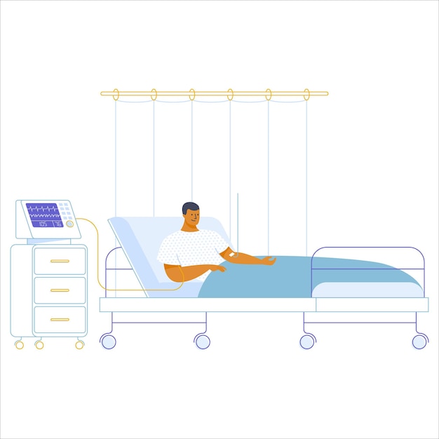 Hospital bed and patient Flat vector illustration of a man in hospital bed