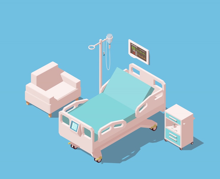 Vector 의료 기기가있는 병원 침대.