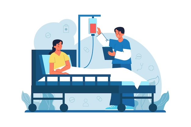 Vector hospital beds medicine blue concept with people scene in the flat cartoon style