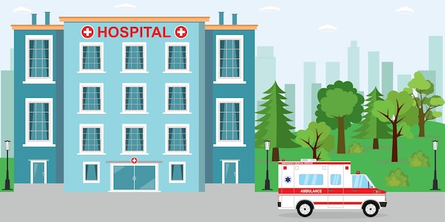 Vector hospital building ambulance car and park near vector illustration