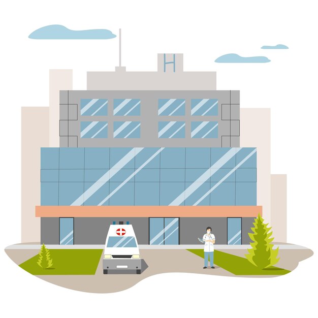 Vector hospital building ambulance doctor outside flat illustration