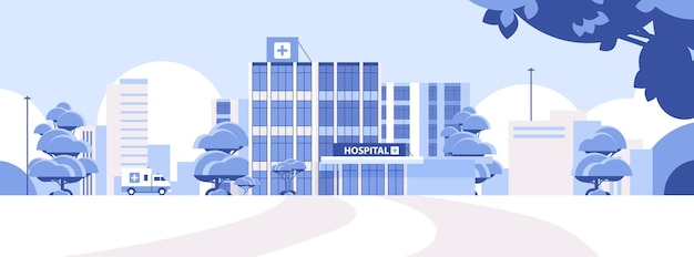 Вектор Концепция здания больницы и автомобиля скорой помощи, концепция медицинского центра, современная клиника, концепция внешнего здравоохранения
