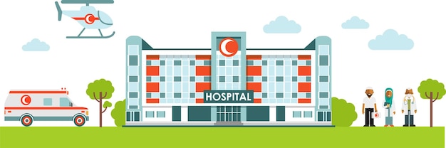 Hospital Building Background Muslim Islamic Doctors Ambulance Car Helicopter in Flat Style