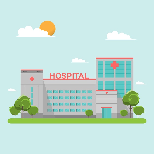 Vector hospital building flat style on blue sky