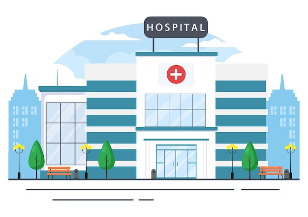 Vector hospital building for healthcare cartoon background vector illustration with, ambulance car, doctor, patient, nurses and medical clinic exterior