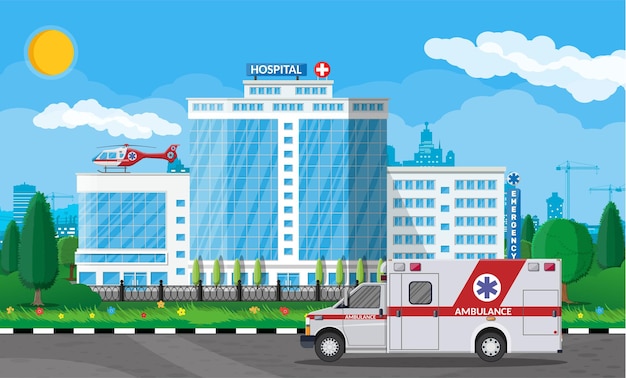 Hospital building. healthcare, hospital and medical diagnostics. urgency and emergency services. road, sky, tree. car and helicopter.