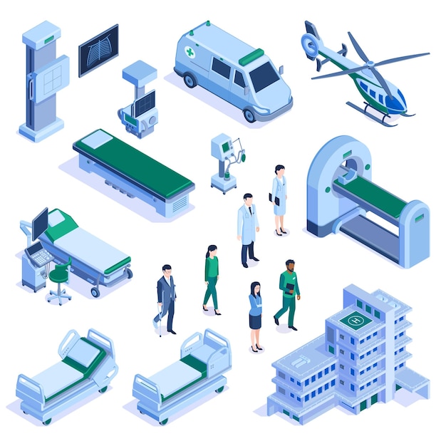 Vector hospital building medical personnel equipment transportation isometric set with helicopter mri scanner operation table patients vector illustration