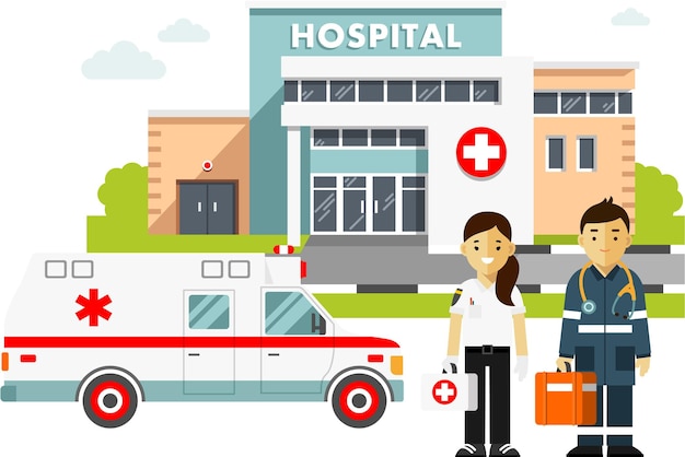 hospital building paramedics and ambulance car