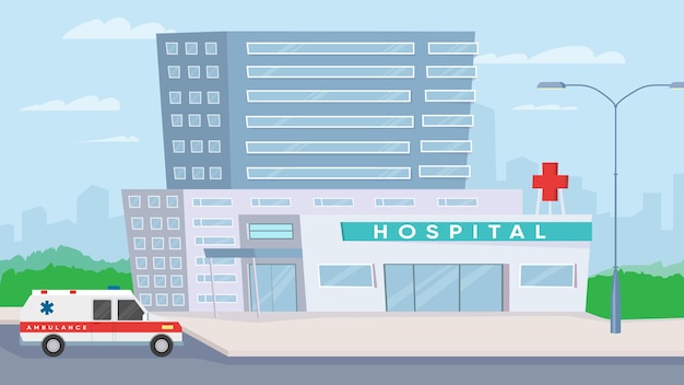 Hospital building view, banner in flat cartoon design. Medical center exterior, ambulance car, cityscape. Medicine and medical services, diagnosis and treatment. Vector illustration of web background