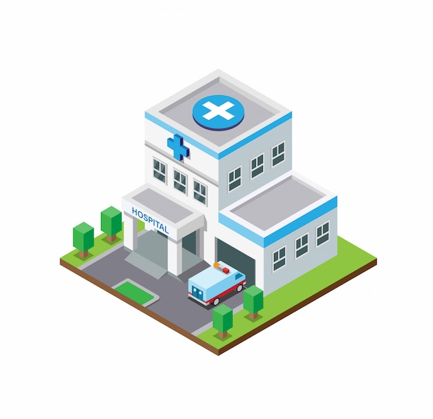 Hospital building with ambulance car. Flat Isometric style