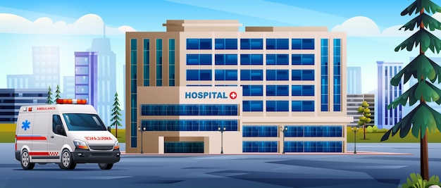 Vector hospital building with ambulance emergency car medical clinic with city background landscape