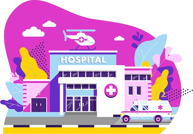 Hospital Building with Helicopter and Ambulance Car on Bright Background