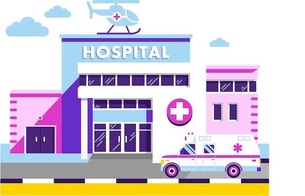 Hospital Building with Helicopter and Ambulance Car on White Background